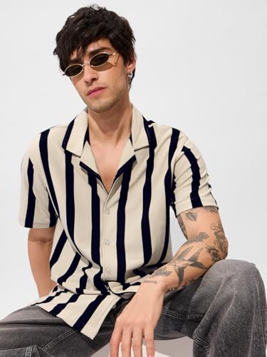 Image of The Souled Store Stripes: Black, White Men and Boys Short Sleeves Collared Neck Button Front Cotton Blend Textured Shirts