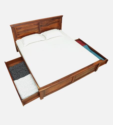 Image of Solid Sheesham Wood Queen Size Bed | Modern Queen Bed with - Storage, for Bedroom,Living Room | Colour Brown | (Brown16)