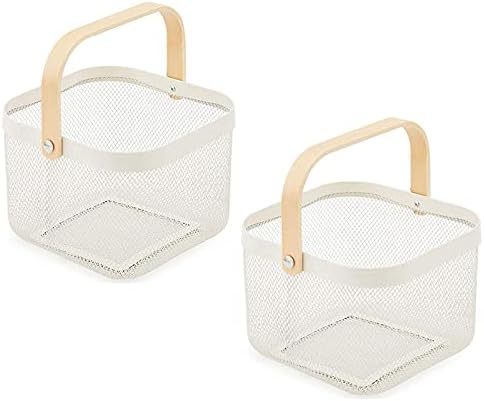AJIODA 2 Pack Metal Mesh Steel Basket, Storage Organizer Basket Multi-function Hanging Kitchen Baskets Fruit Basket Bin with Wood Handle for Kitchen Bathroom Picnic Cabinet Home Decor, White