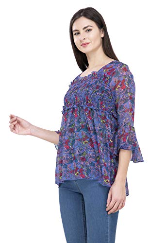 Image of POPWINGS Printed Chiffon Peplum Tops for Women || 3 /4th Sleeves Square Neck Women Tops for Summer || Stylish Western Smocking Women Tops