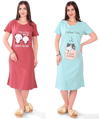 Image of Printed Knee Length Pocket Night Dresses for Women | Cat Lover | Premium Soft Cotton Nighty | Blue and Maroon