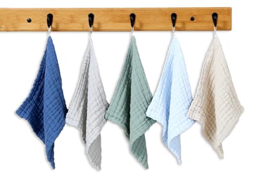 Image of Little Boo Muslin 6 Layer Organic Cotton Face Towels for Newborn Baby Extra Soft Hankies Reusable Napkins for Infants Toddlers /Kids (Pack of 5). Multicolor