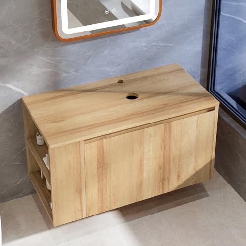 Chyanmoo 30 Inch Floating Bathroom Vanity with Sink – Wall-Mounted Vanity with Hidden Drawer, Natural Wood Finish, Modern Vessel Sink Vanity for Bathroom(Nature Without Sink, 30