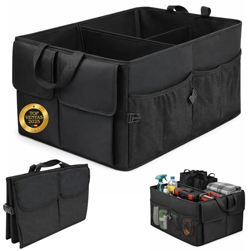 Organizador Maletero Coche Plegable | 3 Compartimentos y 6 Bolsillos | Caja Maletero Coche Grande Impermeable y Resistente | Asas Reforzadas | Ideal para SUV o Furgoneta | Mantén el Maletero Ordenado