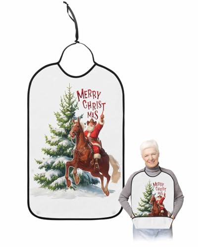 Christmas Western Adult Bib for Adults Men,Women,Cowboy Santa Claus Xmas Pine Tree Winter Washable & Adjustable Terry Cloth Bib with Crumb Catcher Reusable Waterproof Clothing Clothes Protector Apron