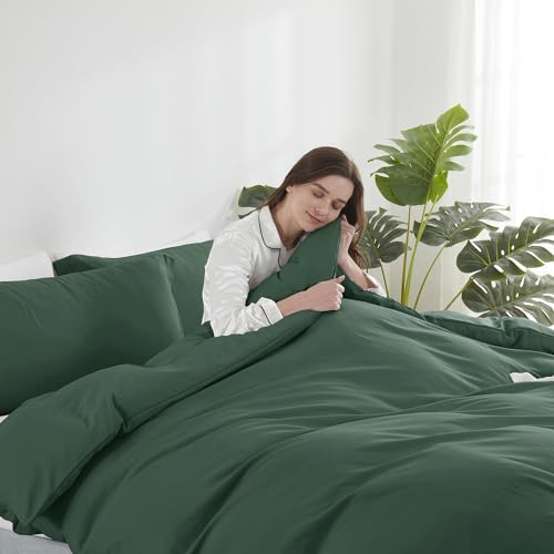 Image of Hearth & Harbor Dark Green Duvet Cover King Size, 3 Piece Bedding Set | Soft Double Brushed Bedding Set, Button Closure, 1 Duvet Cover 104x90 Inches, 2 Pillow Shams
