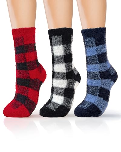 Super Soft Buffalo Plaid Fuzzy Socks Gifts for Women Girls 3 Pairs Cozy Warm Thick Fluffy Cute Plush Socks