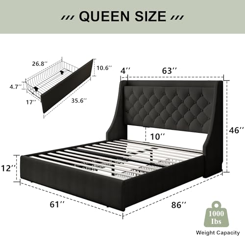 Image of Feonase Upholstered Queen Size Bed Frame with 4 Storage Drawers, Storage Bed with Charging Station, Large Wingback Headboard, No Box Spring Needed, Black