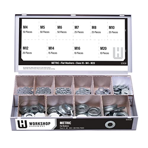 Image of Workshop Hardware Fastener Assortment Kit, Metric Flat Washers Set, Regular, 280 Piece Variety, M4, M5, M6, M7. M8, M10, M12, M14, M16, M20 Diameters