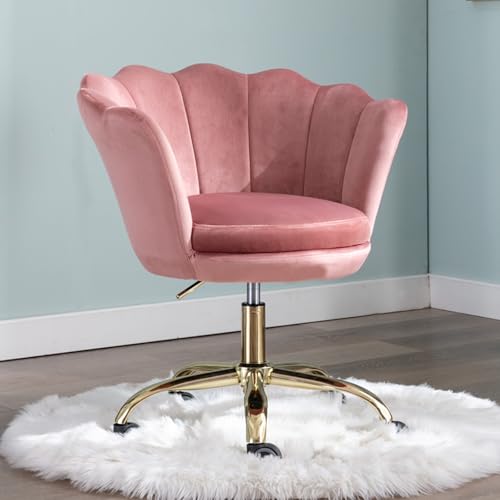 Ya-Home Silla Escritorio de Terciopelo Silla de Oficina Giratoria,Silla de Trabajo Moderna con Patas Doradas Silla Silla Despacho de Ordenador en Altura Ajustable para Dormitorio/Tocador,Rosa