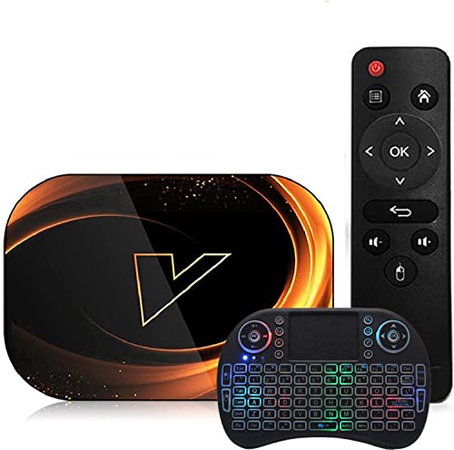 AMITVA Android 9.0 TV Box, S905X3 Quad-Core 64-bit Arm Cortex-A53 con 2.4G WiFi 10/1000M Ethernet, Soporte H.265/3D/8K Ultra HD/BT 5.0/HDMI 2.0 Set Top Box con Mini Teclado Inalámbrico,4gb+128gb