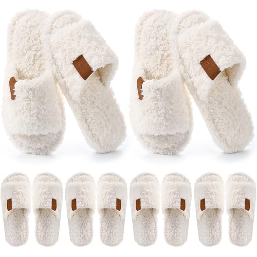 6 Pair Wedding Fuzzy Women's Slippers Bulk White Open Toe Bridesmaid Slippers for Bachelorette Party Bridal Shower Gifts Cozy Indoor Outdoor Memory Foam Slip on House Shoes