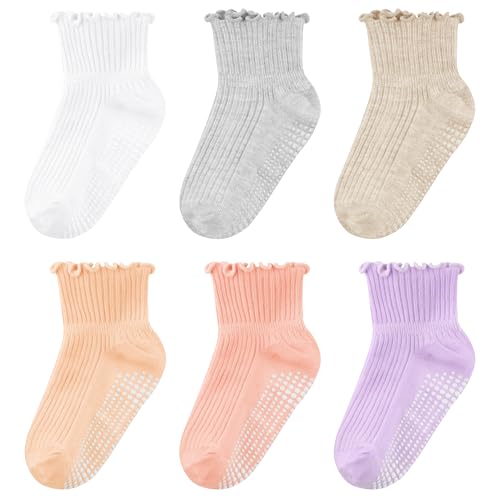 Cooraby 6 Pairs Toddler Ruffle Socks with Anti Slip Frilly Cute Cotton Dress Socks for Baby Girls 6M-6Y