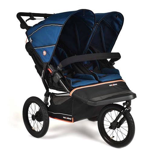 Out'n'About Nipper Double V6 Plus Pushchair with Raincover, Certified Running Buggy, Lightweight One-Hand Fold All-Terrain Twin Stroller Pram with Suspension, 14” Air-Filled Wheels (Highland Blue)