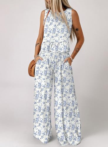 Image of Dokotoo Pants Sets Women 2 Piece Outfits Sleeveless Round Neck Tank Tops Matching Sets for Women Elastic Waist Wide Leg