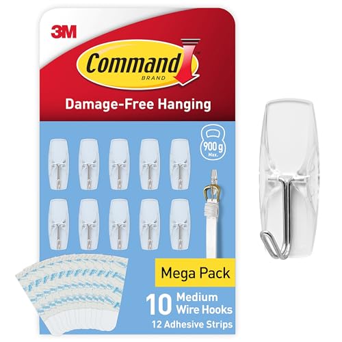 Command Wire Toggle Hooks - Medium - Transparent- Indoor Use - Multi Pack of 10 Hooks and 12 Adhesive Strips - Suitable for Hanging Items up to 900 g - Damage Free Hanging