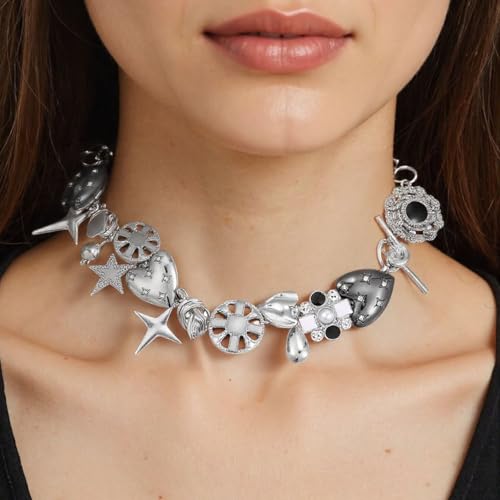 Black Heart Chunky Choker Necklace， Star Choker Necklace for Women Gothic Y2K Aesthetic Outfit Jewelry Accessories Vintage Retro Chunky Costume3