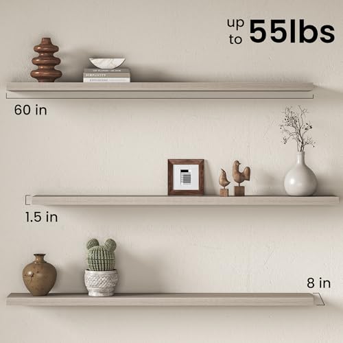 Image of Fun Memories 60Inch Long Floating Shelves, 8 Inch Deep Shelves for Bedroom|Living Room, Wall Mounted Wood Hanging Shelf with Invisible Brackets for Fireplace Mantel Home Storage Decor, Grey - 1 Pack