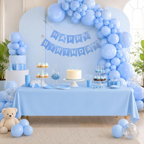 Image of Blue Orchards Light Blue Plastic Table Cover (Pack of 3 with 20 Glue dots) - 54 inch x 108 inch - Waterproof & Disposable Tablecloth Sky Blue Party Decoration for Baby Shower, Birhday Party Supplies, Wedding
