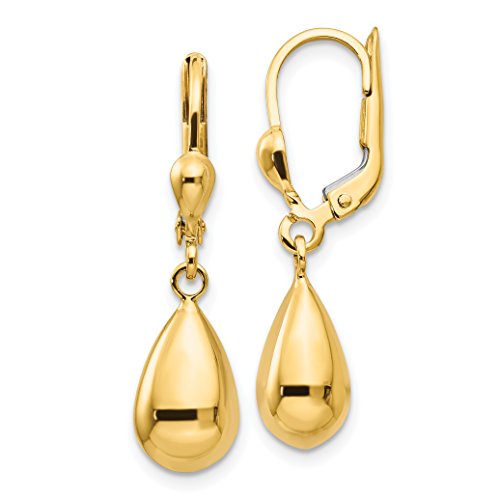 Polished Fancy Teardrop Dangle Leverback Earrings in Real 14k Gold