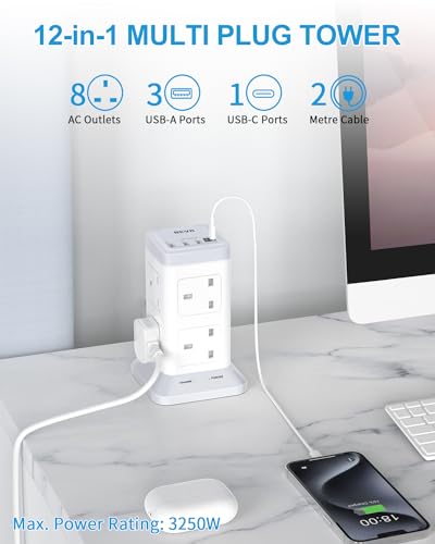 Tower Extension Lead with USB Slots, BEVA 8 Way Extension Socket with 3 USB-A and 1 USB-C Ports - Image 2