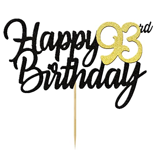 Happy 93rd Birthday Cake Toppers Glitter 93rd Anniversary Cake Topper 93 Years Loved Bday Decorations 93 Gold Birthday Cake Decorations Ninety-three Party Supplies for Women Men(Black Gold)