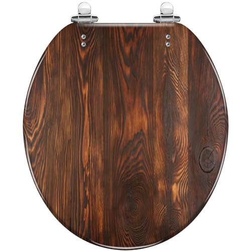 Round Toilet Seat Burnt brushed larch tree wood texture knot Resin Toilet Seat Quietly Slow Close with Quick-Release Hinges Toilet Seat with Cover Easy to Clean Install