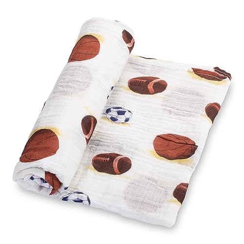 Image of LollyBanks Muslin Swaddle Blanket, 100% Muslin Cotton Soft Baby Blankets for Boys, 47 X 47 Inches Soft and Cozy Baby Wrap Swaddle Breathable Infant Blankets, Newborn Essentials (Sports Print)