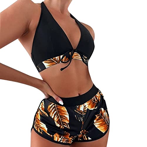Producto de baño Conjunto de Dos Piezas con diseño Tropical para Mujer Conjunto de Bikini con Estampado y pantalón Corto de Playa Ajuste Push Up versión de 3 Paquetes (Gold, XL)
