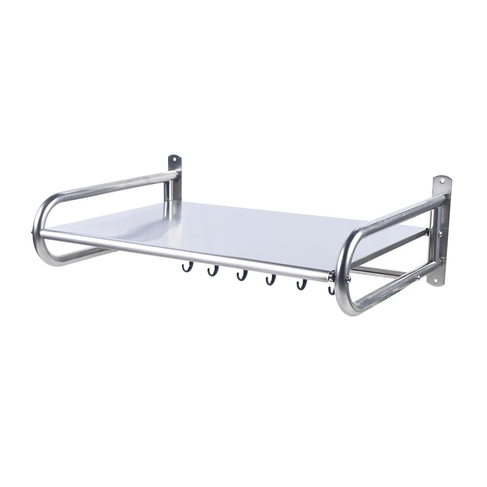 Gxsflg Silver Microwave Shelf, Wall Shelves For Kitchen, Stainless Steel Wall-Mounted Microwave Oven Rack Stand, Kitchen Bracket Holder Organizer, With 6 Sliding Hooks, For Home And Restaurant, Max. 30Kg