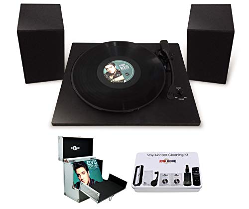 Retro Musique Bluetooth Tafelblad Draaitafel/Record Speler In Hout Met Externe Luidsprekers, 12" Vinyl Record LP Opbergkoffer & Vinyl Record Reinigingskit
