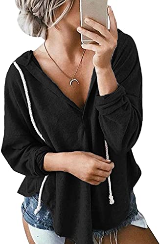 Image of Womens Long Sleeve V Neck Hoodie Sweatshirts Lightweight Pullover Tops