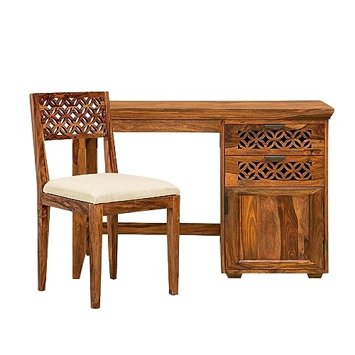 Image of SONA ART & CRAFTS Solid Sheesham Wooden Study Table with Chair | Study Table for Students with Drawer & Cabinet Storage | Office Table for Home Writing Office Desk Computer Table (Natural Finish)