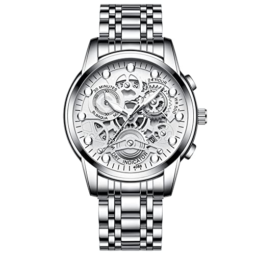 Avaner Men's Wrist Watch Stainless Steel Skeleton Quartz Watch with Luminous Hands