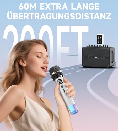 Mikrofon Kabellos, Mikrofone mit Eins-zu-Eins-Chip-Verbindung und LED-Leuchten, 40 Stunden Laufzeit, 200 Fuß Empfangsreichweite, Lautstärkeregler, Karaoke Mikrofon für Home-Party, YouTube/TikTok