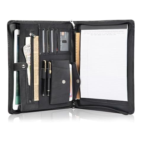 SUCCEWISHER Vegan Black Leather Portfolio for Men - Resume Zippered Portfolio, A4 Notepad Holder, 13.3" Device Compatible, with Pocket and Card Slot(Black) Cover