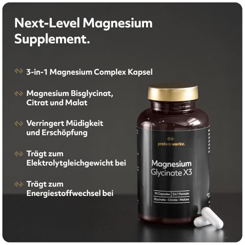 Magnesium Glycinate X3-3-in-1 Magnesiumpräparat - Bisglycinat | Citrat | Malat - 90 Kapseln - Protein Works