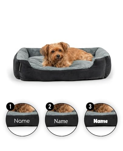 lionto Hundebett mit Wendekissen und Rutschfester Unterseite, Heimtierkissen mit tiefem Einstieg für Hunde und Katzen jeden Alters, 75x60 cm, kuscheliges Hundekissen, schwarz/grau (Namensaufdruck)