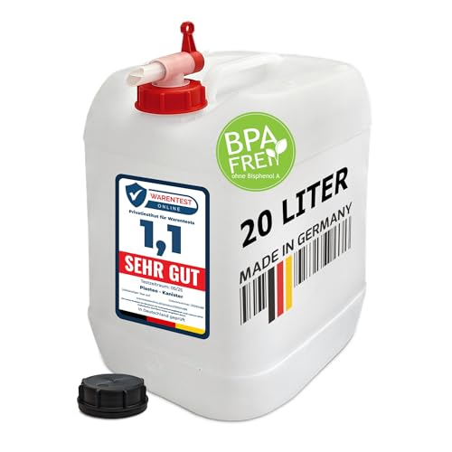 plasteo® 20 Liter Getränke- Wasserkanister Natur mit Hahn und Schraubdeckel (DIN 61) | BPA Frei |...