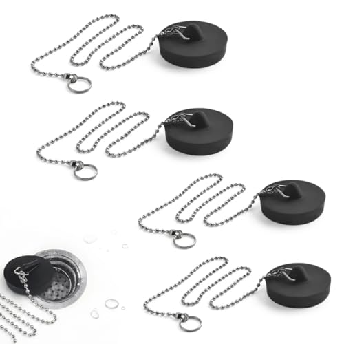 Universal Silicone Kitchen Sink Plug and Chain Set 4 Pcs 38mm-43mm UK Standard Fit Drain Stopper 20cm Stainless Steel Bead Chain Leak-Proof & Rust-Proof for Kitchen Sinks Wash Basins