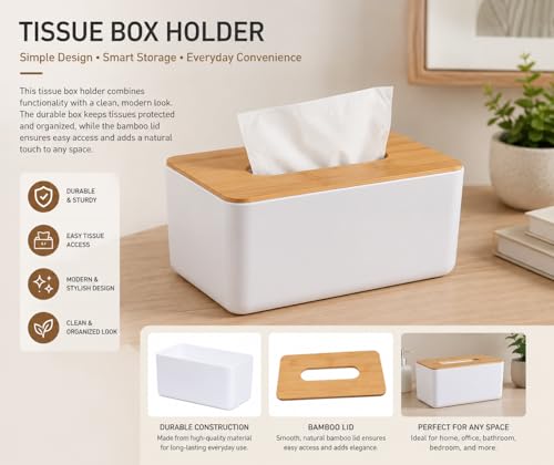 Image of Tissue Box, White with Wooden Color Cover