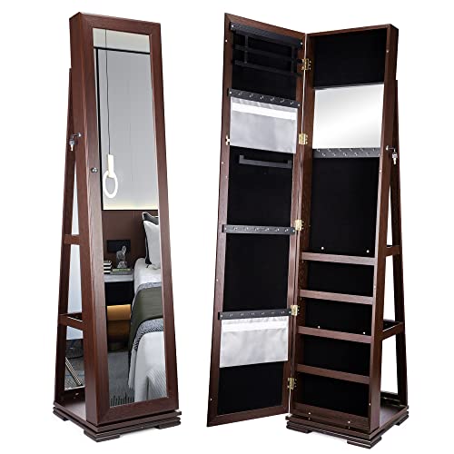 Titan Mall Jewelry Armoire Standing Jewelry Organizer Jewelry Cabinet with Mirror 360 Rotating Mirrored Jewelry Cabinet Armoire Mirror with Jewelry Storage, Brown