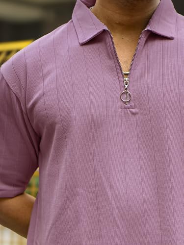 Image of Maniac || Mens || Textured || Polo Neck || 3 /4th Sleeve || Half Zipper || Cotton || T-Shirt