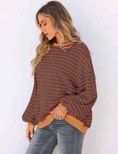 Image of UEU Women Oversized Striped Crewneck Sweatshirt Long Sleeve Color Block Pullover Tops Casual Loose Workout Shirt