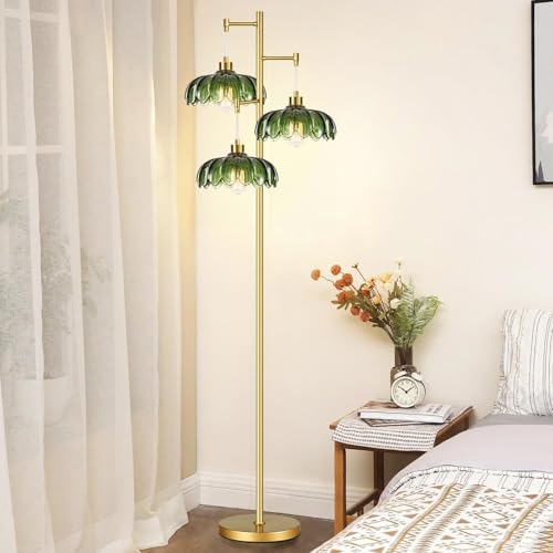 Image of QIYIZM Glass Floor Lamp for Living Room,Bedroom,Mid Century Modern Standing Lamp Brass Tree 3 Light Tall Floor Lamps Vintage Retro Floor Lights Gold Green Flower Lamp Shade Farmhouse Boho Bohemian