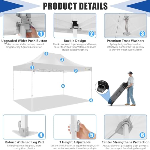 Image of HOTEEL 10x15 Heavy Duty Pop Up Canopy Tent for Parties Event Wedding Commercial Instant Canopy Portable Shelter Folding with Roller Bag, Waterproof UV Resistant, Upgraded Thick Hexagonal Legs, White