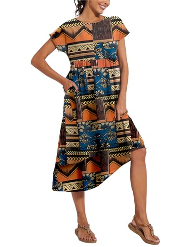Image of LARMLISS Baggy Crew Neck Dress for Women Summer Casual Comfy Cotton Short Sleeve Tunic Beach Maxi Dresses with Pockets