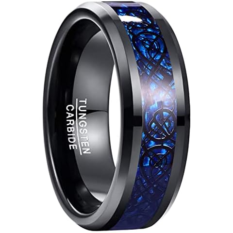 NUNCAD Wolfram Ring Herren Damen Unisex Keltische Drachen 8mm Schwarz + Kohlefasern Saphirblau Cover