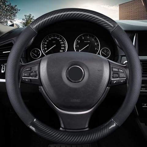 KAFEEK Classic Carbon Fiber Steering Wheel Cover, Universal 15 inch, Breathable Microfiber Leather, Black Cover