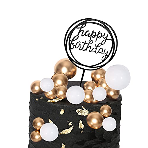 WITGIFT Lot de 27 décorations de gâteau Happy Birthday,Boules rondes,Décoration de gâteau,Outils de décoration pour cupcakes,Éventail en papier,Décoration de gâteau d'anniversaire (or et blanc) Cover